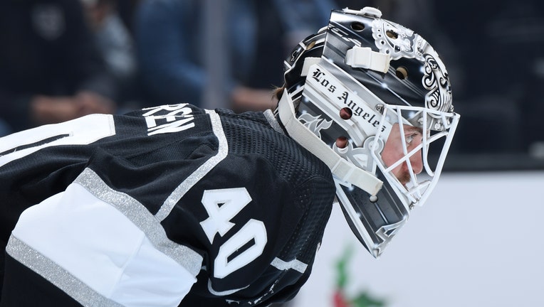 Cal Petersen #40 of the Los Angeles Kings protects the goal during the second period against the Seattle Kraken at Crypto.com Arena. (Photo by Juan Ocampo/NHLI via Getty Images)